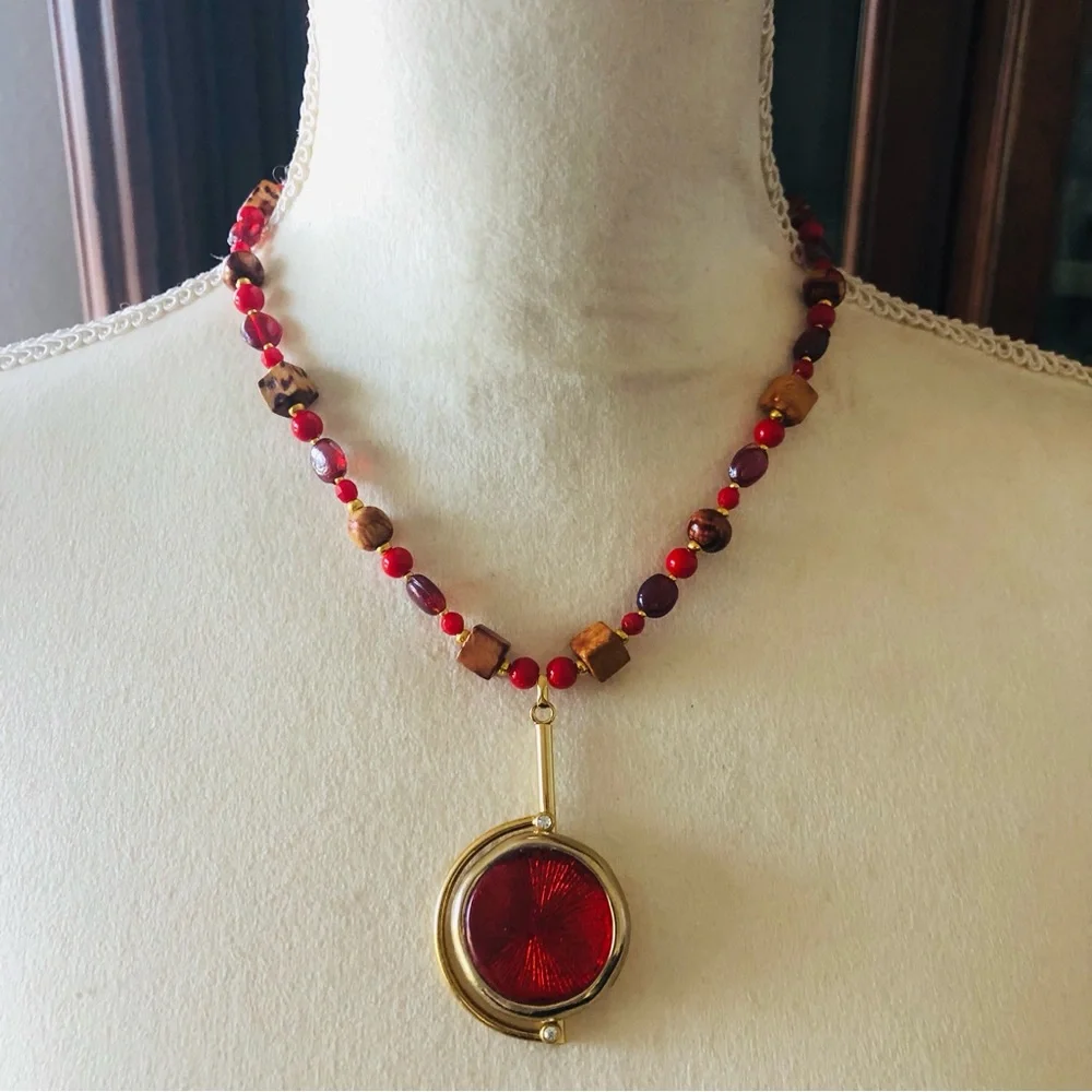 Handcrafted repurpose mixed bead crackle pendant Czech glass Pearl necklace